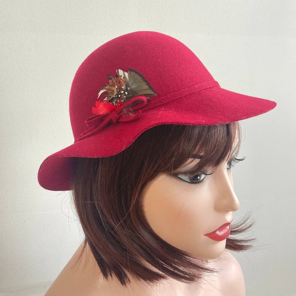 Vintage KATES Red Felt Hat with Feathers